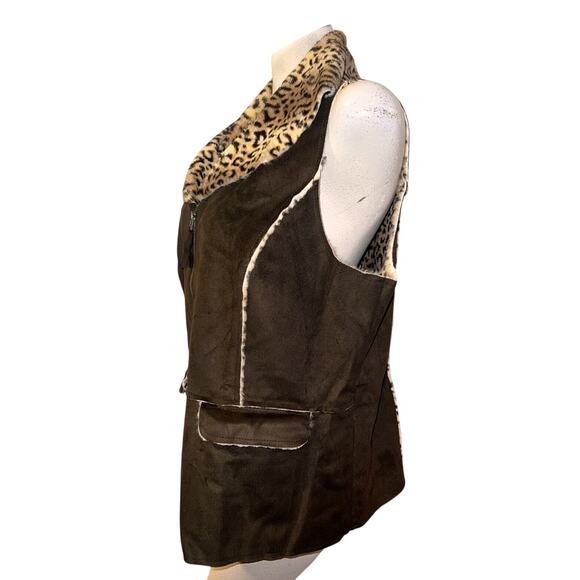 CHICO'S Jacket Size L (2) Brown Zip w/Leopard Print Faux Fur Gilet Vest Mob Wife - Picture 4 of 6